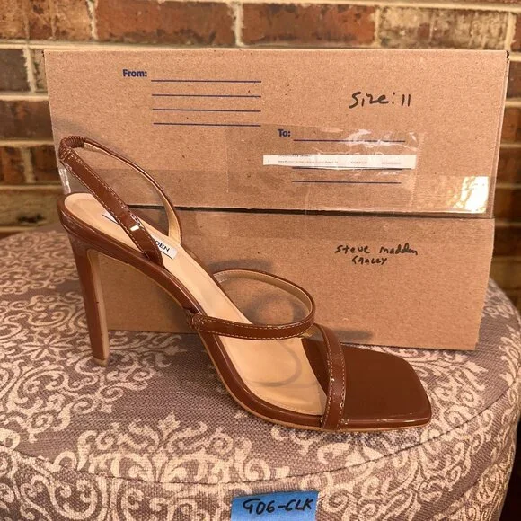 Steve Madden Gracey Heeled Strappy Dress Sandal Womens Size 11 Cognac Patent - Picture 4 of 4